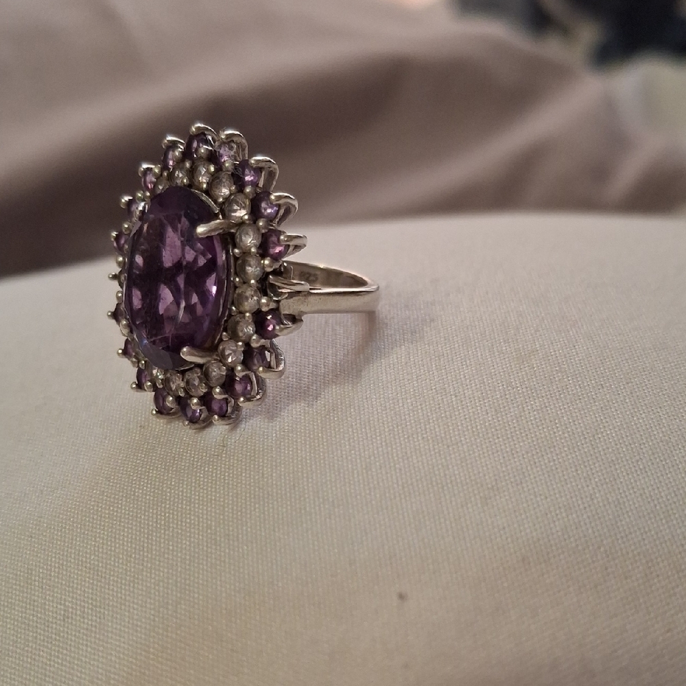 Amethyst and White Topaz Halo Ring Set In Solid Sterling Silver .925 Mk Sz 6.5 - Picture 3 of 10